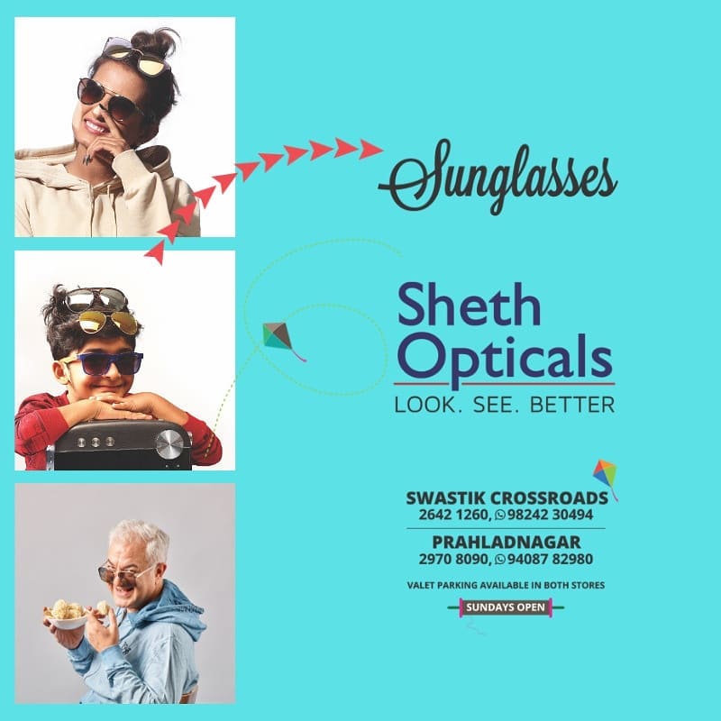 Sheth Opticals,  Sunglasses, Uttarayan, Rayban,, Maui, Jim,, Vogue,, Cazal,, Bvlgari,, Versace,, Burberry,, DolceAndGabanna,, MichaelKors,, Prada,, EmporioArmani,, Coach,, Idee,, Image, Sheth_Opticals, Prahladnagar, Swastik_Crossroads, Uttarayan_Essentials:, Music,, Sunscreen, Mamra_Na_Laddu