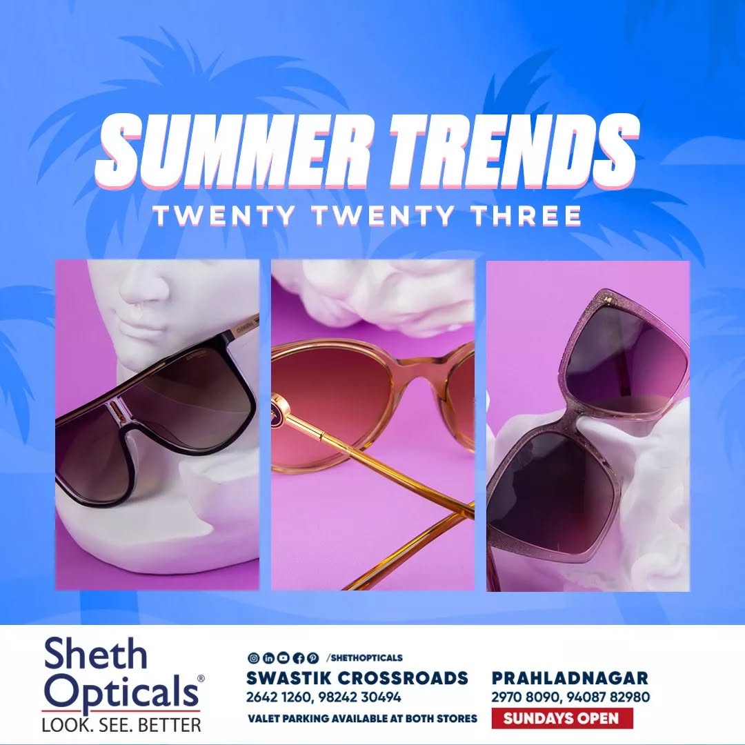 Sheth Opticals,  sunglasses, frames, opticals, opticianahmedabad, eyewear, summervibes, summersinahmedabad, summertrends, sunglasses2023, eyewearbrands